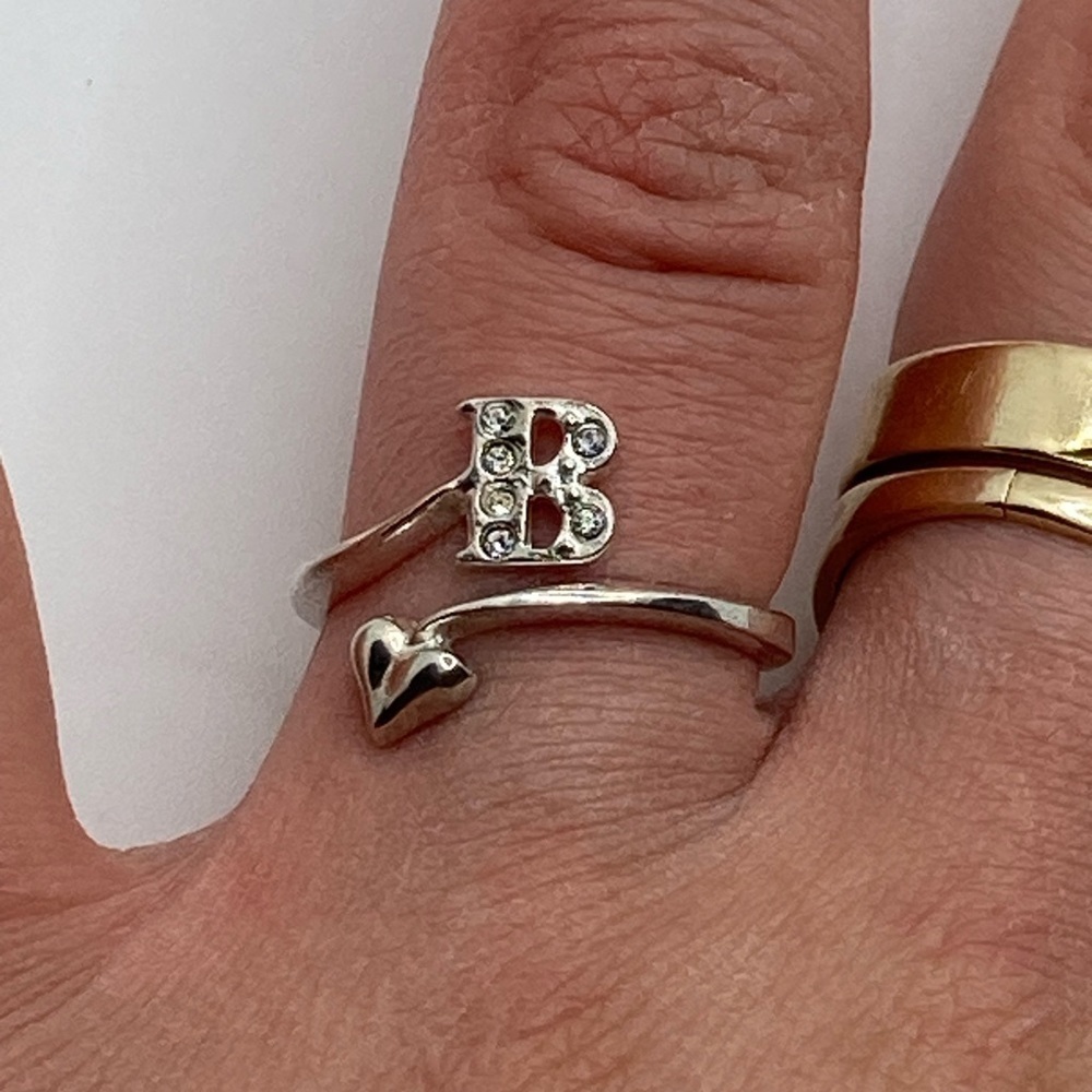 Vtg Sterling CZ Letter B Heart Open Adjustable Bypass Ring Sz 7 / AVON - Picture 6 of 9